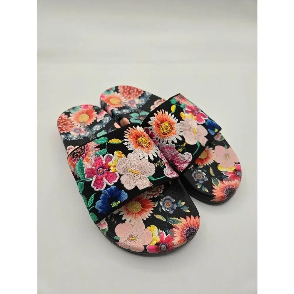 Johnny Was Sz 6 Evening Palace Slide Sandals Black Floral Embroidered Boho